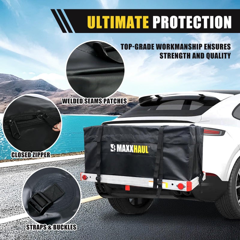 MaxxHaul 70209 Soft Shell Cargo Carrier Bag for Hitch Mount Cargo Rack - Heavy Duty and Water Resistant 47 inch 20 inch x 20 inch Black with Tie Down Straps - Image 3